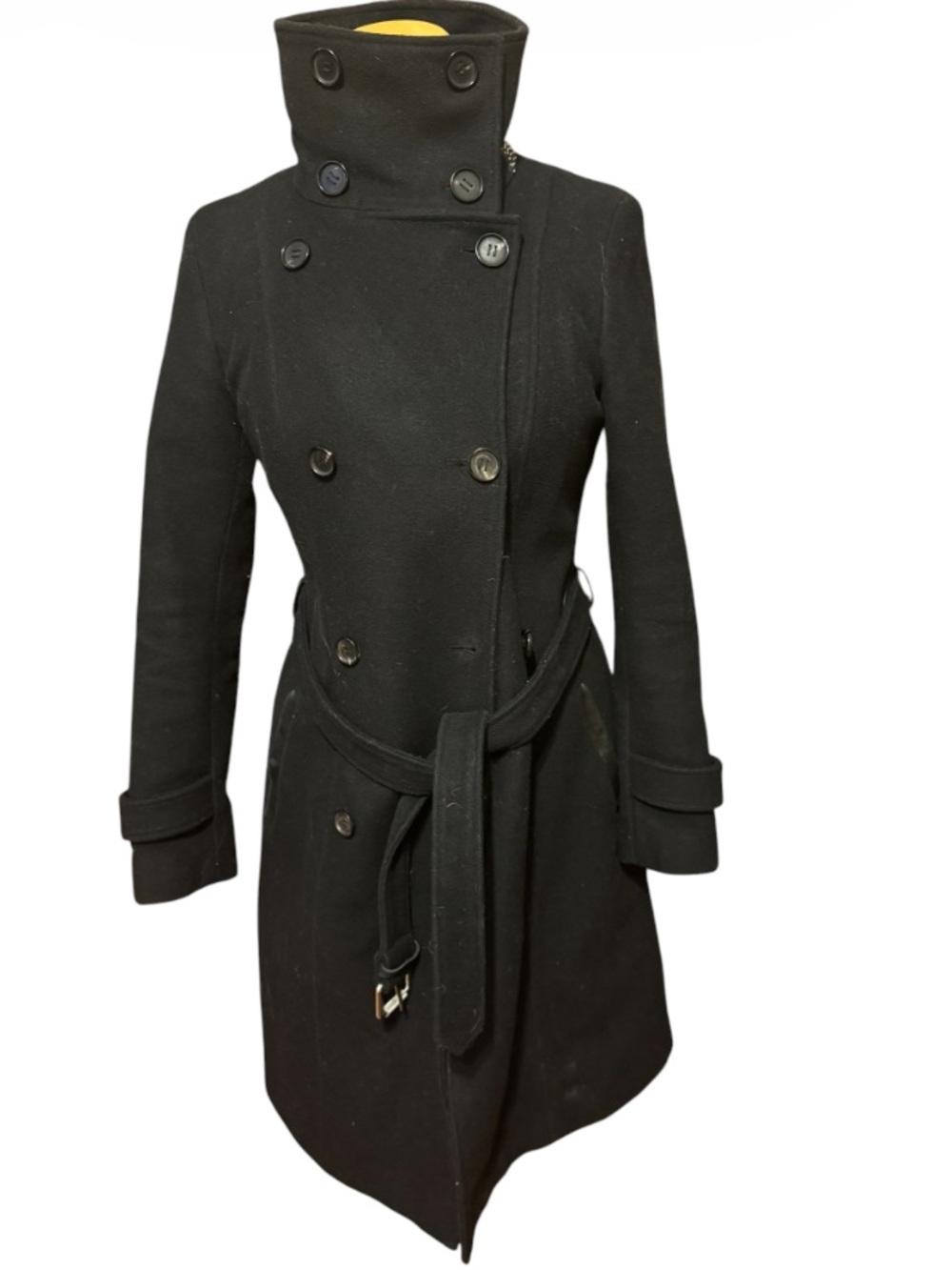 Mackage Black Double-Breasted Wool and leather Trench Coat with Belt size S